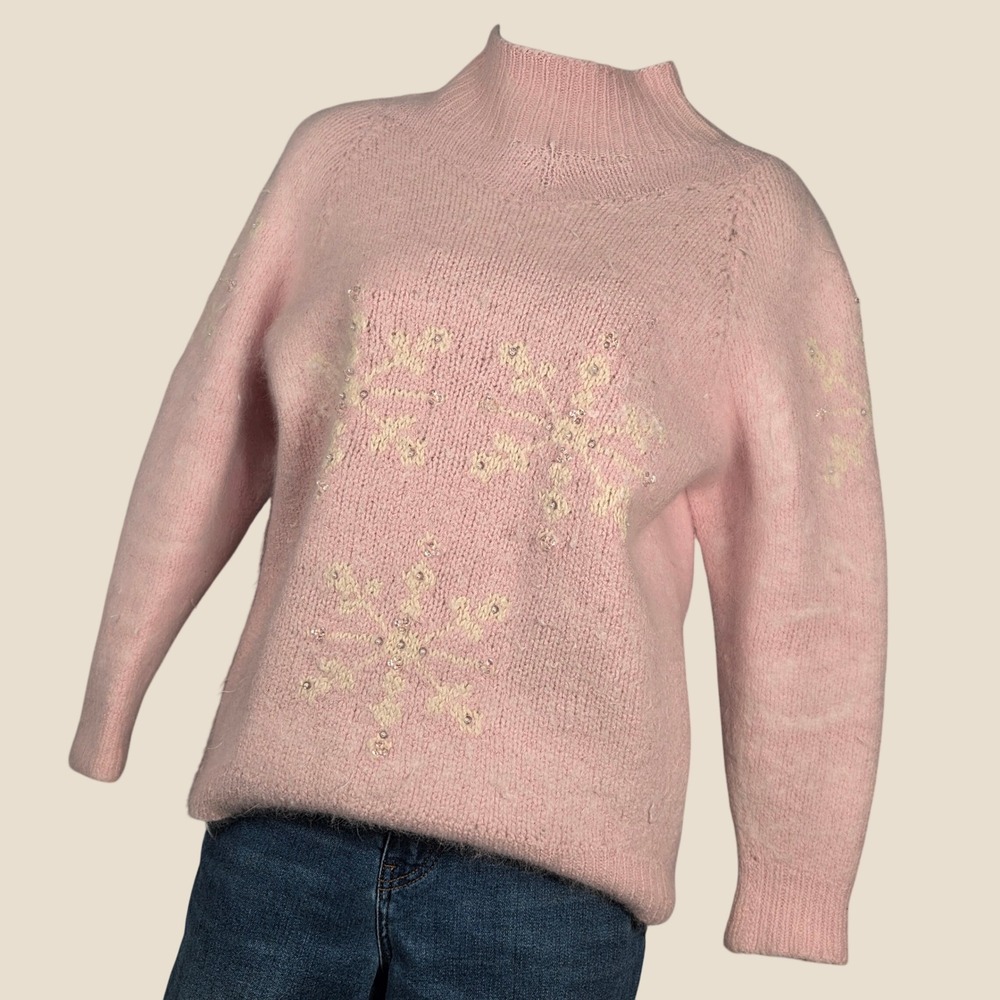Knitworks Vintage Women Medium Snowflake Beaded Mock Neck Fuzzy Sweater Pink
